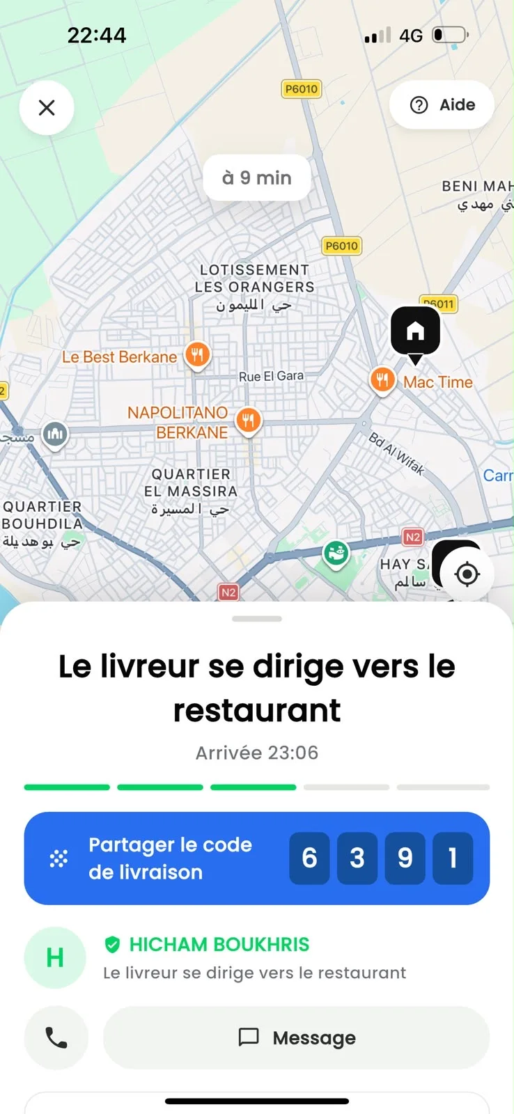 Suivi de commande DropX Food : carte du trajet, heure d'arrivée, code de livraison et contact du livreur
