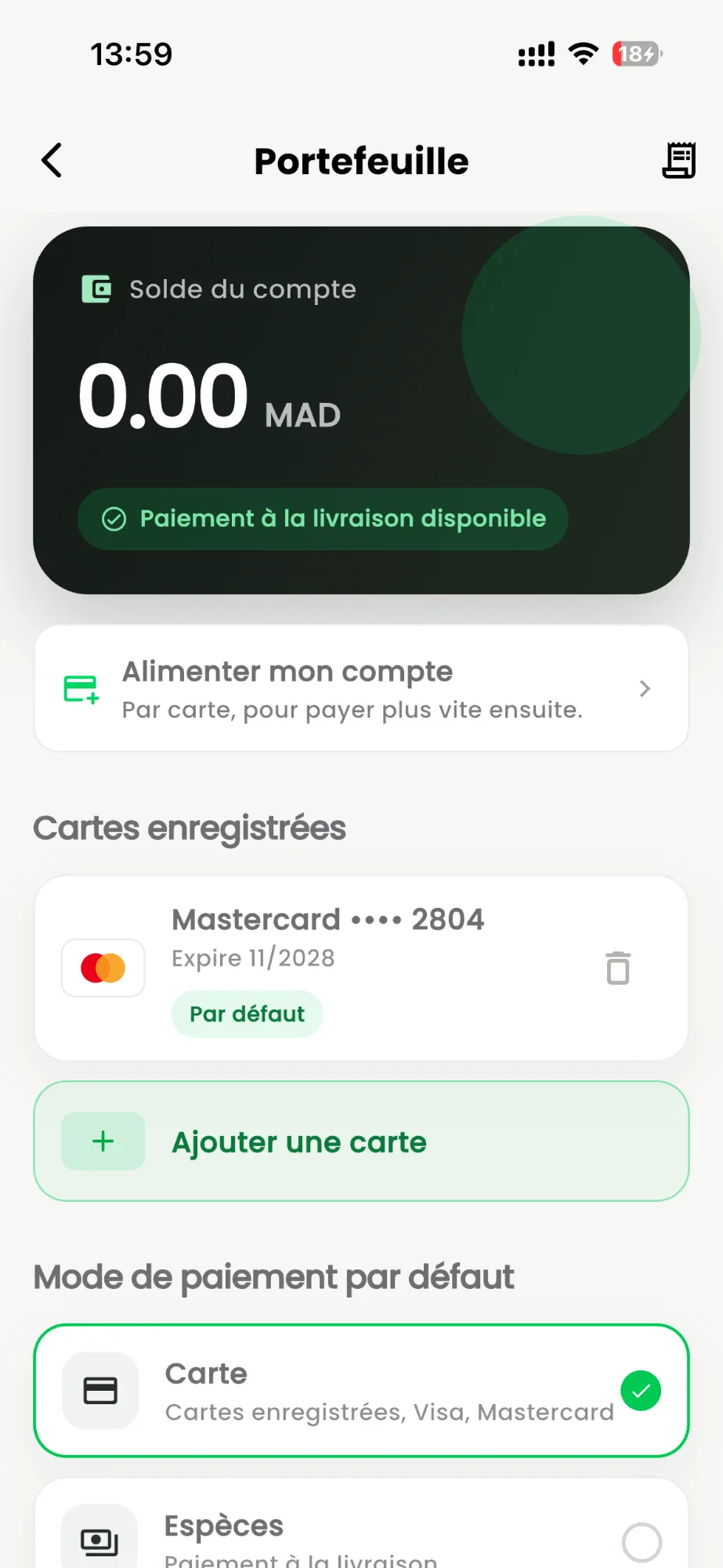 Portefeuille DropX Food : solde du compte, cartes enregistrées et mode de paiement par défaut