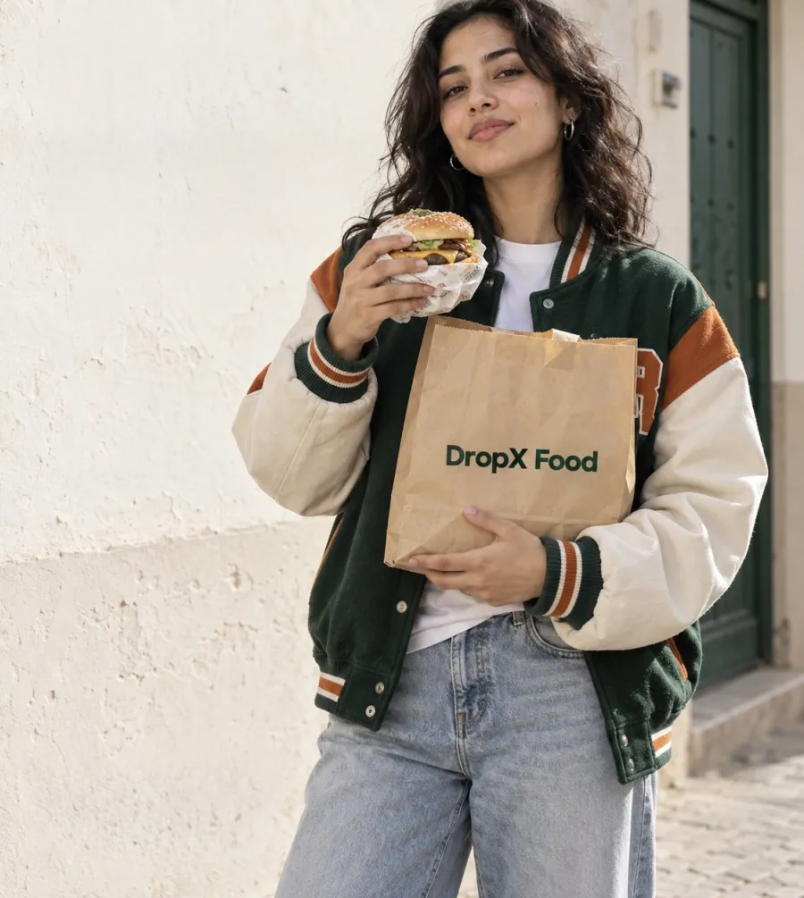 Cliente qui vient de recevoir sa commande DropX Food, un burger à la main