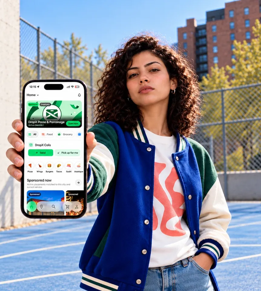 Cliente montrant l'accueil de l'application DropX Food sur son iPhone : DropX Pass, repas, courses et colis