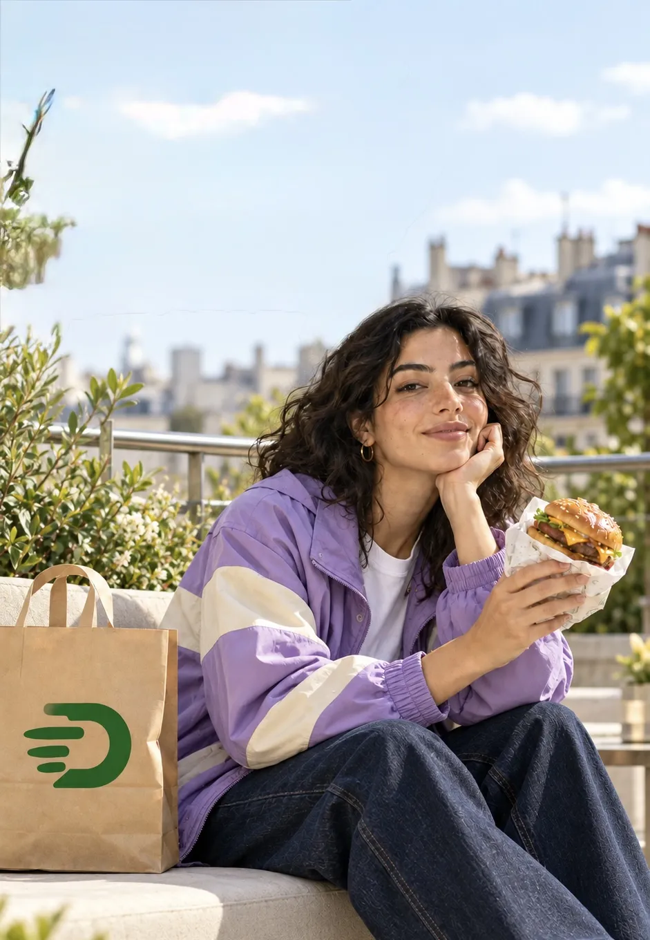 Cliente DropX Food assise en terrasse avec son burger et son sac de livraison