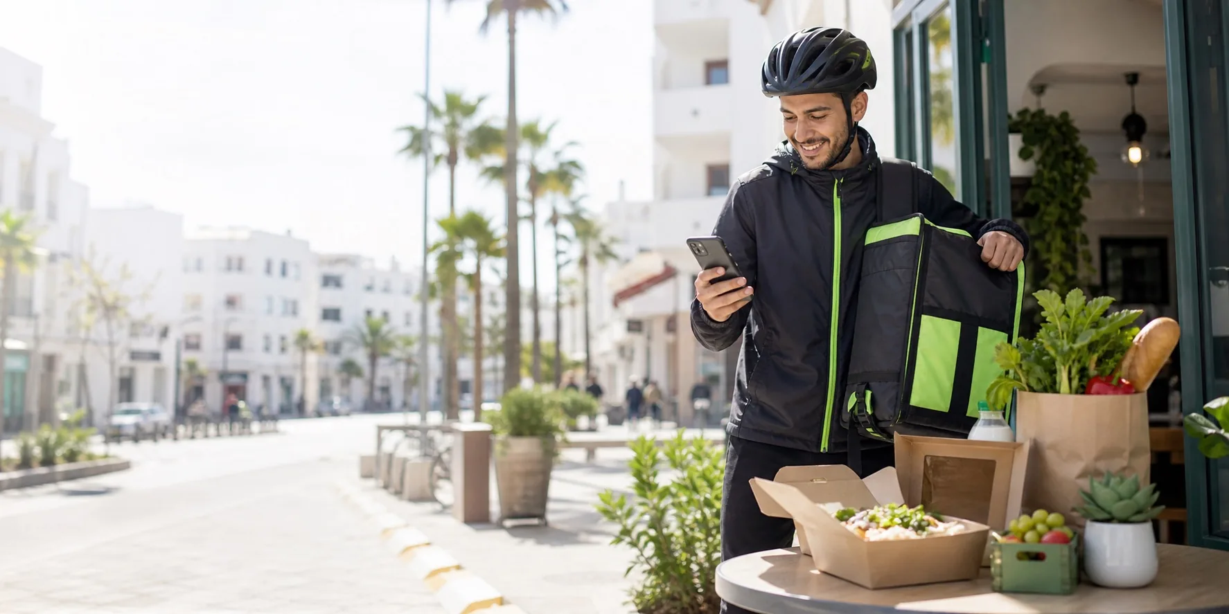 Livreur DropX Food préparant une livraison de repas et de courses au Maroc