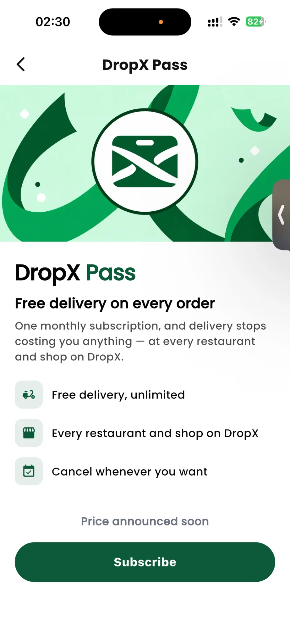 Écran DropX Pass dans l'application DropX Food : livraison gratuite sur chaque commande
