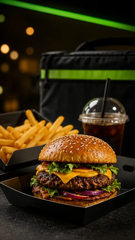 Burger et frites prêts à être livrés par DropX Food